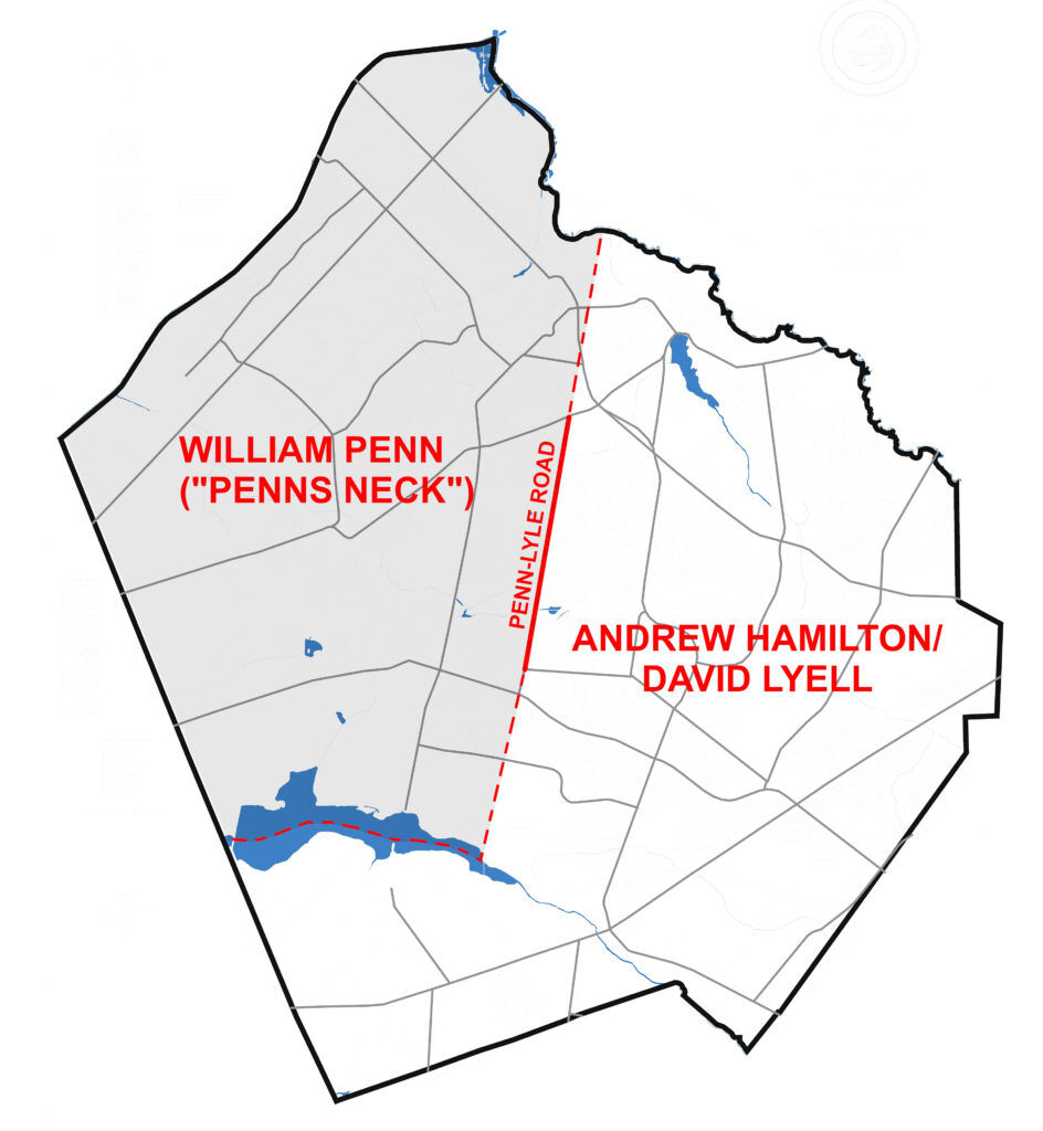 2-This map of West Windsor shows the main landholders in the 1690s. Note David Lyell and William Penn – after whom Penn-Lyle Road was named.